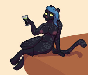 alcohol anthro areola beverage big_breasts blue_hair breasts container cup drinking drinking_glass exhibitionism genitals glass glass_container glass_cup gynomorph hair intersex nipples penis pink_areola solo yellow_eyes taurfranco nubia_(taurfranco) felid jaguar mammal pantherine digital_media_(artwork) hi_res