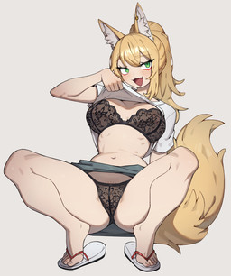 5_toes animal_ears black_bra black_clothing black_panties black_underwear blonde_eyebrows blonde_hair bottomwear bra breasts clothed clothed_female clothed_humanoid clothing clothing_lift crouching cute_fangs ear_piercing eyebrow_through_hair eyebrows eyelashes fangs feet female female_humanoid fingers footwear front_view green_eyes hair inner_ear_fluff lace_bra lace_panties light_body light_skin nails navel open_mouth open_smile panties piercing presenting sandals shirt shirt_lift shoes simple_background skirt small_waist smile solo spread_legs spreading tail teeth toenails toes topwear translucent translucent_hair tuft underwear white_clothing white_footwear white_sandals white_sclera white_shirt white_topwear yellow_ears yellow_tail flowerpigeon73 animal_humanoid canid canid_humanoid canine canine_humanoid humanoid mammal mammal_humanoid 2026 absurd_res digital_drawing_(artwork) digital_media_(artwork) full-length_portrait hi_res portrait