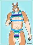 2022 3:4 abs anthro artist_name big_bulge big_muscles blue_background bulge clothed clothing crop_top equid equine eyebrows front_view gary_(otkgary) hair half-closed_eyes harness hi_res horse huge_bulge jockstrap lgbt_pride lgbt_pride_month lol_comments looking_at_viewer male mammal multicolored_clothing multicolored_harness multicolored_jockstrap multicolored_underwear muscular muscular_anthro muscular_male muzzle_(object) muzzled narrowed_eyes navel nipples otkgary pattern_clothing pecs pride_color_clothing pride_color_harness pride_color_jockstrap pride_color_underwear pride_colors shirt simple_background smile solo standing striped_clothing stripes super_gay topwear underwear vincian_pride_colors