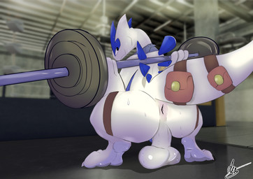 accessory anthro anus arm_wraps back_spines backsack bag balls balls_on_ground balls_rest bent_legs big_balls blurred_background bodily_fluids butt claws crouching exercise feet flesh_fang furgonomics genitals glistening glistening_balls glistening_eyes glistening_feet glistening_genitalia grey_kerchief grey_neckerchief holding_object holding_object_behind_back inside kerchief leg_strap looking_back low_hanging_balls male mouth_closed neckerchief neckwear perineum plantigrade pupils raised_heel rear_view saggy_balls shadow solo spines straps sweat sweaty_balls sweaty_butt sweaty_face sweaty_genitalia sweaty_perineum tail tail_accessory tail_bag text toe_claws weightlifting weights white_balls white_body white_toe_claws workout wraps dez_(artist) nintendo pokemon dez_(rcar) generation_2_pokemon legendary_pokemon lugia pokemon_(species) 2026 artist_name hi_res signature