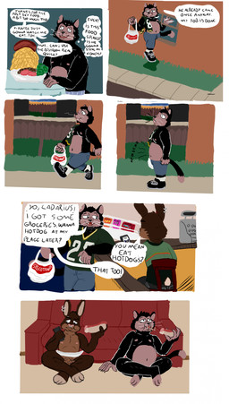 anthro black_body brown_body dialogue duo ear_piercing ear_ring eating food furniture genitals hot_dog male male/male moobs navel nipples piercing profanity ring_piercing sitting slightly_chubby sofa text geuremon domestic_cat felid feline felis lagomorph leporid mammal rabbit 2024 absurd_res comic english_text hi_res