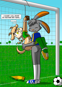 4_fingers anthro anthro_on_anthro anthro_penetrated anthro_penetrating anthro_penetrating_anthro ball bdsm bet blue_bottomwear blue_clothing blue_topwear bodily_fluids bondage bottomless bottomwear bound brown_body brown_fur brown_nose butt butt_grab cleats clothed clothing cum cum_in_vagina cum_inside duo eyes_closed female female_penetrated fingers footwear fur genital_fluids green_clothing green_footwear green_topwear hand_on_butt horn inner_monologue interspecies looking_down lost_bet male male/female male_penetrating male_penetrating_female multicolored_body multicolored_fur narrow_hips outside penetration pigtails raised_arm restraints rope rope_bondage sex shirt small_butt soccer_ball soccer_net t-shirt tan_body tan_fur text thin_calves thin_legs thin_thighs thinking thought_bubble topwear two_tone_body two_tone_fur white_clothing white_footwear yellow_bottomwear yellow_clothing yellow_eyes yellow_footwear young young_anthro young_female young_male young_on_young krezz_karavan cathy_(school_days) vesairus bovid caprine goat lagomorph leporid mammal rabbit 2015 english_text