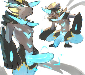anthro balls biped black_body black_fur black_nose blue_balls blue_body blue_eyes blue_fur blue_horn blue_nipples blue_penis breath crouching erection foreskin fur genitals grey_body grey_fur horn humanoid_genitalia humanoid_penis looking_at_viewer male multicolored_body multicolored_fur multiple_poses nipples nude open_mouth penis pose pupils simple_background solo standing teeth tongue meatshaq nintendo pokemon pokemon_legends_z-a felid generation_9_pokemon legendary_pokemon mammal mega_evolution mega_zeraora pokemon_(species) absurd_res hi_res