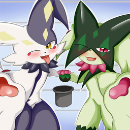 ambiguous_gender anthro black_body black_fur clothing duo feral fur green_body green_fur hat headgear headwear jester magician mask pink_eyes simple_background yellow_eyes nameigo nintendo palworld pocketpair pokemon domestic_cat dupin_(pal) felid feline felis generation_9_pokemon lagomorph leporid mammal meowscarada pokemon_(species) rabbit 1:1 absurd_res hi_res