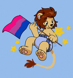 3_toes 4_fingers abdl animal_feet anthro belly bisexual bisexual_pride_colors black_nose blue_background blue_diaper blue_pull-ups brown_eyebrows brown_eyes brown_hair brown_mane brown_tail brown_tail_tip brown_tuft cat_smile clean_diaper closed_smile clothed clothing cute_fangs diaper diaper_fetish diaper_only dipstick_tail eyebrow_through_hair eyebrow_through_mane eyebrows fangs feet feline_ears feline_tail female fingers flag flag_(object) flagpole floating fur fur_tuft glistening glistening_eyes glistening_hair glistening_knees glistening_legs glistening_mane green_eyes hair handpaw happy heterochromia hindpaw holding_flag holding_object lgbt_pride lion_ears logo long_tail looking_at_stars male mane mane_hair markings messy_hair messy_mane mouth_closed multicolored_ears multicolored_feet multicolored_paws multicolored_tail pawpads paws pink_inner_ear pink_pawpads pride_color_flag pride_colors pull-ups_(diaper) raised_eyebrows sandy_fur shoulder_length_hair simple_background smile solo star tail tail_markings tail_tuft tan_arms tan_belly tan_body tan_chest tan_ears tan_face tan_feet tan_fur tan_hands tan_legs tan_neck tan_paws tan_snout tan_tail tan_torso teeth text toes topless translucent translucent_hair tuft wearing_diaper yellow_star berrysweetcow lgbt_pride_month evander_rex felid lion mammal pantherine absurd_res artist_logo artist_name colored digital_drawing_(artwork) digital_media_(artwork) hi_res