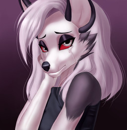 anthro black_body black_fur black_nose bodily_fluids crying female fur grey_hair hair multicolored_body multicolored_fur red_sclera sad simple_background solo tears white_body white_fur demongirl_demoness hellaverse helluva_boss mythology loona_(helluva_boss) canid canid_demon canine canis demon hellhound mammal mythological_canine mythological_creature wolf 2023 absurd_res digital_drawing_(artwork) digital_media_(artwork) hi_res