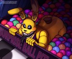 ambiguous_gender anthro ball_pit blue_eyes blush bodily_fluids bow_tie butt drooling joints long_ears long_tongue looking_at_another machine offscreen_character saliva scut_tail short_tail solo tail tongue wiggle yellow_body littlegeecko five_nights_at_freddy's into_the_pit scottgames spring_bonnie_(fnaf) animatronic lagomorph leporid mammal rabbit robot 2020 hi_res watermark