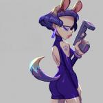 animal_ears arm_tattoo backless_clothing big_forehead bodysuit butt clothing ear_piercing ear_ring eyeshadow female footprint futuristic_gun gun hair handgun holding_gun holding_handgun holding_object holding_ranged_weapon holding_weapon hoop_ear_ring looking_at_viewer looking_back makeup pawprint pawprint_tattoo piercing purple_hair ranged_weapon ring_piercing side_view skinsuit solo tail tattoo tight_clothing weapon yellow_eyes zeolandia munenari_maegawa animal_humanoid canid canid_humanoid canine canine_humanoid dog_humanoid humanoid mammal mammal_humanoid tailed_humanoid 1:1