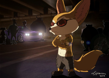 anthro bottomwear car clothing eyewear footwear fur group male motor_vehicle multicolored_body multicolored_fur shoes short shorts sunglasses tattoo text two_tone_body two_tone_fur vehicle xxsparcoxx disney zootopia finnick_(zootopia) ambiguous_species canid canine fennec_fox fox mammal true_fox 2019 artist_name