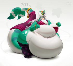 anthro belly big_belly biped bra bracelet breasts cetacean_tail clothing cracked_ground crown deep_navel female green_body hair headgear jewelry legwear long_hair morbidly_obese navel necklace obese overhang overweight simple_background solo stated_weight stockings tail tail_sock tiara underwear white_belly white_hair miluinaoxie hi_res signature
