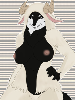 black_body black_eyes black_fur breasts female fur hands_on_hips horn looking_at_viewer mature_female solo kitsukaelkami free_fire bovid canid canine canis caprine mammal sheep wolf absurd_res hi_res