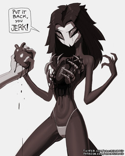 anthro beak blood bodily_fluids bone clothing crying duo female gore hair lung organs panties rib_cage ribs simple_background slim tears text underwear dracreloaded hellaverse helluva_boss octavia_(helluva_boss) avian bird demon owl owl_demon digital_drawing_(artwork) digital_media_(artwork) hi_res monochrome url