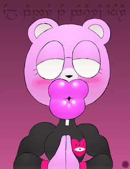 anthro bedroom_eyes blush blush_lines clasped_hands clothing eyelashes eyewear facial_markings femboy fur glasses glistening glistening_lips gradient_background head_markings heart_symbol hyper hyper_lips lips logo male markings muzzle_(marking) narrowed_eyes pink_body pink_fur priest robe seductive simple_background solo text thick_lips thatdawgmurray unicorn_wars padre_(unicorn_wars) bear mammal aliasing artist_logo artist_name digital_media_(artwork) hi_res signature tengwar_text translated
