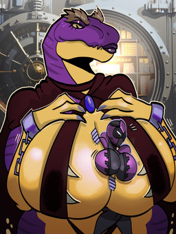 anthro anthro_dominating_human armor between_breasts big_breasts body_between_breasts breast_squeeze breast_squeezing breast_squish breasts captured clothed clothing defeated dominant dominant_anthro dominant_female duo extreme_size_difference female female/female headgear helmet helmeted_human huge_breasts human_on_anthro interspecies larger_anthro larger_female macro micro micro_between_breasts non-mammal_breasts pupils scales size_difference skimpy slit_pupils smaller_female smaller_human squeezing squish submissive submissive_female submissive_human superhero villain_dominating_hero villainess drazerg's_artist dinosaur human mammal prehistoric_species reptile saurischian scalie theropod tyrannosaurid tyrannosauroid tyrannosaurus absurd_res hi_res