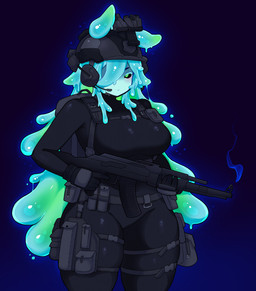 antennae_(anatomy) armor female goo_antennae goo_hair gun headgear helmet holding_gun holding_object holding_ranged_weapon holding_weapon monster_girl_(genre) not_furry pseudo_hair ranged_weapon solo tactical_gear thick_antennae weapon houndeater pee-chan_(houndeater) goo_creature goo_humanoid humanoid absurd_res hi_res