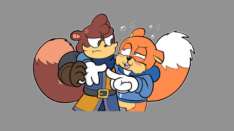 angry anthro blue_eyes brown_body brown_fur clothing dipstick_tail drunk duo eye_contact fur gloves grey_eyes handwear hoodie humanoid_hands looking_at_another male markings orange_body orange_fur orange_tail pink_inner_ear substance_intoxication tail tail_markings tan_body tan_fur topwear white_tail_tip paradoxigent conker's_bad_fur_day rareware bryn_(paradoxigent) conker eurasian_red_squirrel mammal rodent sciurid tree_squirrel 16:9 2025 digital_drawing_(artwork) digital_media_(artwork) english_description hi_res widescreen