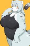 anthro big_breasts blush breasts clothed clothing female fingers fur grey_body grey_fur grey_hair hair huge_breasts kemono long_hair multicolored_body multicolored_fur one-piece_swimsuit overweight overweight_anthro overweight_female simple_background solo swimwear thick_thighs two_tone_body two_tone_fur yellow_background yellow_eyes akitaka felid mammal pantherine snow_leopard hi_res