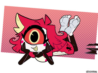 1_eye 5_toes barefoot blush blush_stickers darkened_soles eyelashes feet female foot_fetish foot_focus humanoid_feet long_eyelashes looking_at_viewer lying on_front plantigrade smile soles solo the_pose toes yourhardnerdcollector hazbin_hotel hellaverse niffty_(hazbin_hotel) cyclops demon demon_humanoid humanoid hi_res