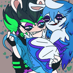 4_fingers amethyst_(gem) anthro bangs black_clothing black_gloves black_hair black_handwear black_jacket black_topwear blue_clothing blue_eyelids blue_eyes blue_hair blue_shirt blue_tail blue_topwear brown_background carrying_another carrying_partner clothed clothed_anthro clothed_female clothing dress duo ear_piercing eye_contact eyebrows eyelashes fangs female female/female female_anthro fingers fur gem gloves green_eyebrows green_hair hair hand_on_face handwear hearts_around_body holding_tail jacket legless light long_ears long_hair looking_at_another multicolored_hair narrowed_eyes no_eyebrows noseless open_mouth open_smile piercing purple_clothing purple_dress purple_ear_piercing purple_eyelids purple_eyes red_mouth sharp_teeth shirt short_hair simple_background smile smiling_at_another smiling_at_each_other smiling_at_partner spiky_hair squint standing tail tan_inner_ear teeth text thick_eyebrows topwear translucent translucent_body two_tone_hair white_body white_fur flyinurfries mario_plus_rabbids_sparks_of_hope nintendo raving_rabbids rayman_(series) ubisoft edge_(mario_plus_rabbids) midnite_(mario_plus_rabbids) ghost hybrid lagomorph mammal rabbid spirit 1:1 2022 artist_name digital_drawing_(artwork) digital_media_(artwork) english_description hi_res lighting shaded