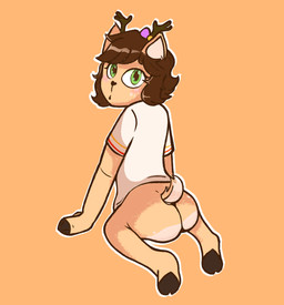 anthro antlers bent_legs bottomless bow_ribbon brown_hair butt clothed clothing female fur green_eyes hair hooves horn looking_at_viewer looking_back shirt shirt_only sitting solo tan_body tan_fur topwear topwear_only young young_anthro young_female nodeb dazzle_deer deer mammal