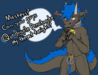 animal_genitalia anthro ball_tuft begging blush body_hair chastity_cage chastity_device claws collar collar_tag floppy_ears folded_ears fur genitals hair happy_trail horn lock long_tail looking_at_viewer looking_up looking_up_at_viewer male over_sheath_chastity_cage padlock pawpads penis penis_tip pivoted_ears sheath sheath_chastity_cage simple_background solo speech_bubble tail text tuft ausjamcian mythology ausjamcian_(character) dragon furred_dragon furred_scalie mythological_creature mythological_scalie scalie