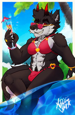 anthro beverage bikini bulge clothing detailed_bulge horn male poolside ring_(jewelry) shimmering solo summer sunny swimwear tight_clothing two-piece_swimsuit mrdarknesswolf dantalos canid canine canis demon hybrid mammal wolf absurd_res hi_res