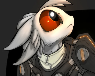 4_ears >:< abstract_background ambiguous_anthro ambiguous_gender anthro armor big_eyes black_armor clothed clothed_ambiguous clothed_anthro clothing facial_tuft feather_tuft feathers glistening glistening_eyes head_tuft head_turned looking_up mouth_closed multi_ear no_sclera noseless pivoted_ears pupils red_eyes short_snout snout solo tuft white_body white_feathers compound_lift avali avian 2016 5:4 bust_portrait digital_media_(artwork) portrait shaded