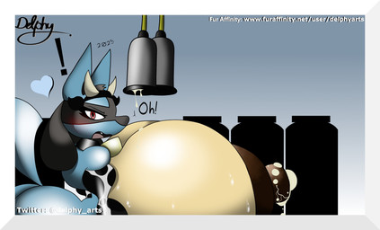 animal_print anthro big_breasts blush bodily_fluids breasts collar cow_print cowbell cowbell_collar dialogue female huge_breasts hyper hyper_breasts lactating looking_at_viewer machine milking_machine solo sweat sweaty_breasts text delphyarts nintendo pokemon generation_4_pokemon lucario pokemon_(species) absurd_res english_text hi_res