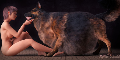 5_fingers black_nose breasts brown_body brown_fur brown_hair duo feet female female_prey feral feral_pred fingers fur hair human_prey imminent_vore male male_pred multicolored_body multicolored_fur open_mouth pink_tongue sharp_teeth sitting standing tail teeth toes tongue vore willing_prey zefirotreddi canid canine canis domestic_dog human mammal shaded story story_in_description