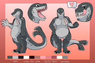 anthro claws facial_piercing licking licking_lips looking_at_viewer male nose_piercing nose_ring open_mouth piercing ring_piercing sharp_teeth smile solo standing teeth tongue tongue_out hallowraith aquatic leopard_seal mammal pinniped seal model_sheet
