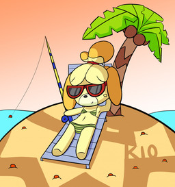 anthro beach bikini bikini_bottom bikini_top blush chair clothed clothing coconut drupe_(fruit) eyewear female fishing fishing_rod flat_chested food fruit fur furniture hair hand_behind_head holding_fishing_rod holding_object island lying midriff navel on_back on_chair palm_tree pattern_bikini pattern_clothing pattern_swimwear plant seaside shadow sitting smile solo striped_bikini striped_clothing striped_swimwear stripes sunglasses sunset swimwear tree triangle_bikini two-piece_swimsuit water yellow_body yellow_fur rio7 animal_crossing nintendo isabelle_(animal_crossing) canid canine canis domestic_dog mammal shih_tzu toy_dog 2022 hi_res shaded signature
