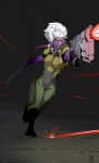 action_pose anthro armor boots clothing dual_wielding female footwear gloves gun hair handgun handwear head_plate head_tails holding_gun holding_object holding_ranged_weapon holding_weapon pistol pose purple_body purple_eyes purple_skin ranged_weapon red_nose shoes solo weapon white_hair shane_nelson doom_(series) doom_3 id_software microsoft tabitha_terleir kraskit absurd_res hi_res