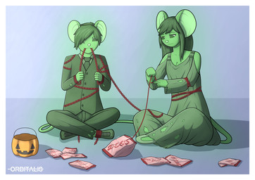 black_tie_(suit) blue_background border bottomwear bound candy chain chained clothed clothing dessert dress duo eating female food footwear fruit green_body green_bottomwear green_clothing green_dress green_ears green_eyes green_footwear green_hair green_nose green_pants green_shoes green_tail hair hands_tied holding_food holding_object long_tail male necktie packaging pants plant pumpkin shoes simple_background smile suit tail torn_clothing white_border orbitalis ghost mammal mouse murid murine rodent spirit absurd_res hi_res