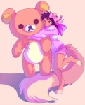 anthro barefoot big_plushie biped clothed clothing comically_large_object daww feet female hug plushie red_eyes simple_background smile solo teadybear teddy_bear white_background akitamonster san-x rilakkuma domestic_cat felid feline felis mammal