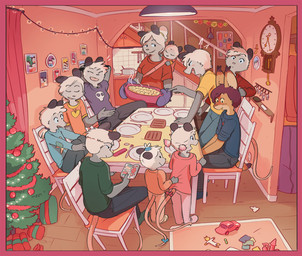 chair christmas_decorations christmas_lights christmas_present christmas_tree clock clothing curtains family feast female food furniture gift handwear holidays jigsaw_puzzle kitchen_utensils male oven_mitts picture_frame plant plate table tools toy_car tree young conditional_dnp funkybun christmas joss_(funkybun) keith_(funkybun) american_opossum felid feline lynx mammal marsupial hi_res