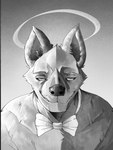 anthro beady_eyes bow_tie cheek_tuft facial_tuft front_view grin male narrowed_eyes simple_background smile solo teeth tuft 100racs hyena mammal bust_portrait hi_res monochrome portrait