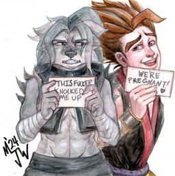 anthro biped black_bottomwear black_clothing black_nose black_topwear black_vest bottomwear bracelet clenched_teeth cloth_wrapping clothing duo fangs female fur grey_body grey_fur hair holding_object holding_sign jewelry keikogi long_hair looking_at_another looking_at_viewer male martial_arts_uniform narrowed_eyes open_mouth purple_eyes red_eyes red_hair sign simple_background sportswear squint super_saiyan_hair teeth topwear vest white_background white_body white_sclera white_skin mjw_darkmode barbie_and_ken_mugshot_meme canid canine canis human mammal wolf 2024 hi_res meme traditional_media_(artwork)