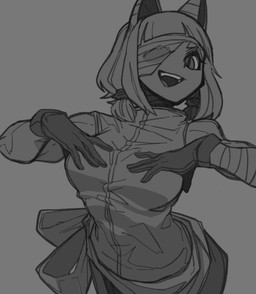 bandage bandaged_arm bandaged_eye bangs blunt_bangs breasts clothing female gloves handwear medium_breasts medium_hair open_mouth open_smile pupils slit_pupils smile smiling_at_viewer solo striped_ears wide_hips bone_nigi nebi_(bone_nigi) animal_humanoid cat_humanoid felid felid_humanoid feline feline_humanoid humanoid mammal mammal_humanoid digital_drawing_(artwork) digital_media_(artwork) greyscale hi_res monochrome