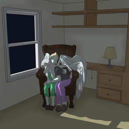 anthro bedroom biped black_clothing black_shirt black_topwear blonde_hair blue_body bone_frill bottomwear bruised bruised_face chair claws clothed clothed_anthro clothed_female clothing comforting duo elbow_feathers eyes_closed feathered_wings feathers female finger_claws fingers footwear frill_(anatomy) frown furniture green_clothing grey_body grey_feathers grey_hair hair inside lamp light long_hair markings moonlight night pants purple_bottomwear purple_clothing purple_pants shadow shelf shirt shoes sitting slippers striped_markings stripes topwear window wings areloch cavemanon_studios goodbye_volcano_high ko_op_(game_developer) snoot_game fang_(gvh) samantha_(snoot_game) prehistoric_species pterodactylus pterosaur reptile scalie 1:1 2024 colored hi_res shaded daughter_(lore) mother_(lore) mother_and_child_(lore) mother_and_daughter_(lore) parent_(lore) parent_and_child_(lore) parent_and_daughter_(lore)