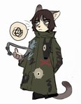 2024 alternate_species anthro axian6777 blue_eyes brown_hair clothed clothed_anthro clothed_male clothing coat digital_drawing_(artwork) digital_media_(artwork) domestic_cat felid feline felis fingers frown fur furrification grey_body grey_fur hair headless_tambourine hi_res holding_musical_instrument holding_object holding_tambourine liam_gallagher male male_anthro mammal mouth_closed musical_instrument narrowed_eyes oasis_(band) parka percussion_instrument portrait simple_background solo standing tambourine topwear white_background