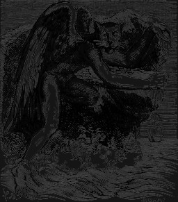 claws feathered_wings feathers featureless_crotch for_a_head looking_at_viewer male nude outside rock ship sitting solo vehicle water watercraft whiskers wings louis_le_breton dictionnaire_infernal animal_head animal_humanoid humanoid nixie winged_humanoid 1863 19th_century alpha_channel ancient_art black_and_white hi_res monochrome signature