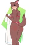 2:3 absurd_res alexdewolf anthro beastars bedroom_eyes big_breasts big_butt blush blushing_at_viewer bra breasts brown_body brown_fur butt canid canine canis cheek_tuft clothing dress facial_tuft female fluffy fluffy_ears fluffy_tail fur hi_res in_heat juno_(beastars) looking_at_viewer looking_back mammal narrowed_eyes panties pose purple_eyes raised_tail red_clothing red_underwear seductive smile solo tail thick_thighs topwear tuft underwear white_clothing white_dress wide_hips wolf