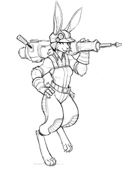 anthro armor buckteeth clothing digitigrade female fur gloves hair hand_on_hip handwear hard_hat headgear helmet jackhammer muscular muscular_anthro muscular_female overalls power_tool shirt smile solo teeth tools topwear guoh hare lagomorph leporid mammal digital_drawing_(artwork) digital_media_(artwork) hi_res monochrome sketch