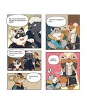 2020 absurd_res anthro belly bonasiah canid canine clothing comic deebo_(zoohomme) dialogue english_text exclamation_point felid feline fur grey_body grey_fur group hi_res humanoid_hands kemono kura_(zoohomme) male mammal overweight overweight_male procyonid quanjiang raccoon ratye_(zoohomme) rocco_(zoohomme) shirt text topwear woopu_(zoohomme) zoohomme