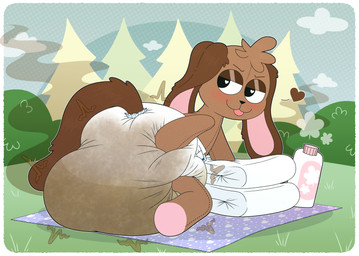 anthro baby_powder bedding big_diaper blanket blue_blanket blush bodily_fluids brown_body brown_fur brown_heart clean_diaper clothed clothing cloud diaper diaper_fetish diaper_only diaper_squish diaper_use evergreen_tree feces flirting flirting_with_viewer fur genital_fluids grass half-closed_eyes hand_on_diaper head_tuft heart_eyes heart_symbol huge_diaper looking_at_viewer looking_back male narrowed_eyes pine_tree plant plushie pooping pooping_diaper poopy_diaper presenting presenting_diaper public_diaper_use shrub sky skyscape soiled_diaper soiling soiling_diaper solo stink_fumes stitch_(sewing) tongue tongue_out topless touching_diaper tree tuft unclean_diaper urine used_diaper wearing_diaper wet_diaper white_diaper tenerius animate_inanimate lagomorph leporid living_plushie mammal rabbit absurd_res hi_res shaded