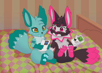 anthro bed black_body black_fur black_markings black_nose countershade_torso countershading dipstick_tail duo eyebrows fur furniture gaming gloves_(marking) green_eyes grey_body grey_fur head_tuft holding_object inside leg_markings looking_at_object male markings multicolored_body multicolored_fur neck_tuft on_bed open_mouth pawpads red_markings red_nose sitting sitting_on_bed socks_(marking) tail tail_markings tongue tongue_out tuft two_tone_body two_tone_fur white_body white_countershading white_fur jamesfoxbr fakemon game_boy game_boy_family nintendo pokemon ambiguous_species generation_8_pokemon nickit pokemon_(species) species_request 2026 hi_res