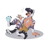 anthro bare_chest blue_pawpads bottomwear clothing happy happy_transformation laid_back male mid_transformation open_mouth pawpads paws shorts solo transformation silverclaw1 nyx_moon canid canine canis felid hybrid mammal pantherine tiger wolf