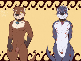 abdominal_scar anthro arm_scar arm_tuft athletic athletic_male balls black_collar blue_eyes brown_body brown_fur cheek_scar cheek_tuft chest_scar collar collar_only countershade_face countershading cute_fangs duo ears_back eye_scar eyebrows facial_scar facial_tuft fangs flaccid foreskin front_view fur genitals glans gloves_(marking) grey_hair hair hand_on_hip hands_behind_back head_tuft highlights_(coloring) leg_scar logo looking_aside looking_at_viewer male markings nipples nude penis pink_nipples pivoted_ears scar scars_all_over short_hair shoulder_tuft slim_male smile tail tail_scar teeth text thigh_scar tuft unretracted_foreskin wall_(structure) whisker_spots whiskers white_body white_eyebrows white_fur white_highlights yellow_eyes ventkazemaru mammal mustelid otter 2025 artist_logo artist_name dated flat_colors hi_res portrait three-quarter_portrait