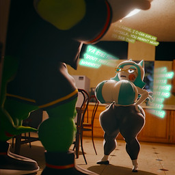 anthro big_breasts bottomwear bra breasts clothing duo eyewear female footwear glasses green_body huge_breasts male pants shoes text underwear white_body idiotboxangel glitch_productions sega smg4 sonic_the_hedgehog_(series) karen_(smg4) vector_the_crocodile crocodile crocodilian domestic_cat felid feline felis mammal reptile scalie 1:1 3d_(artwork) digital_media_(artwork) english_text hi_res