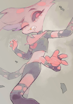 4_arms ambiguous_gender anthro arm_warmers armwear black_eyes bodily_fluids bottomwear chest_tuft choker clenched_teeth clothing crop_top dripping freckles fur fur_hair jewelry legwear looking_at_viewer markings multi_arm multi_limb necklace one_eye_closed pink_body pink_fur pupils red_pupils saliva saliva_drip sharp_teeth shirt shorts simple_background solo spots spotted_body spotted_fur tears teeth thigh_highs topwear torn_clothing tuft a_4_k_a hazbin_hotel hellaverse angel_dust arachnid arthropod digital_drawing_(artwork) digital_media_(artwork) hi_res